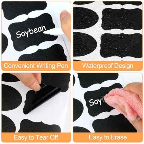 273 Pcs Labels for Jars, Waterproof Reusable Chalkboard Labels for Food Containers, Bottles, Blackboard Stickers with 1 Erasable Chalk Marker (Black)