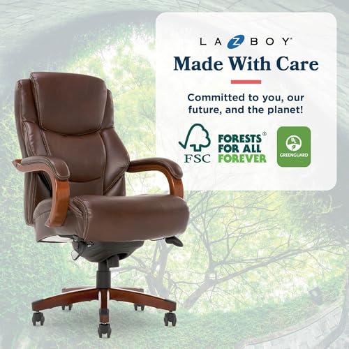 La-Z-Boy Delano Big and Tall Executive Office Chair - Ergonomic Lumbar Support Memory Foam - Bonded Leather Desk Chair for Home Office - Mahogany Wood Arms - Chestnut Brown