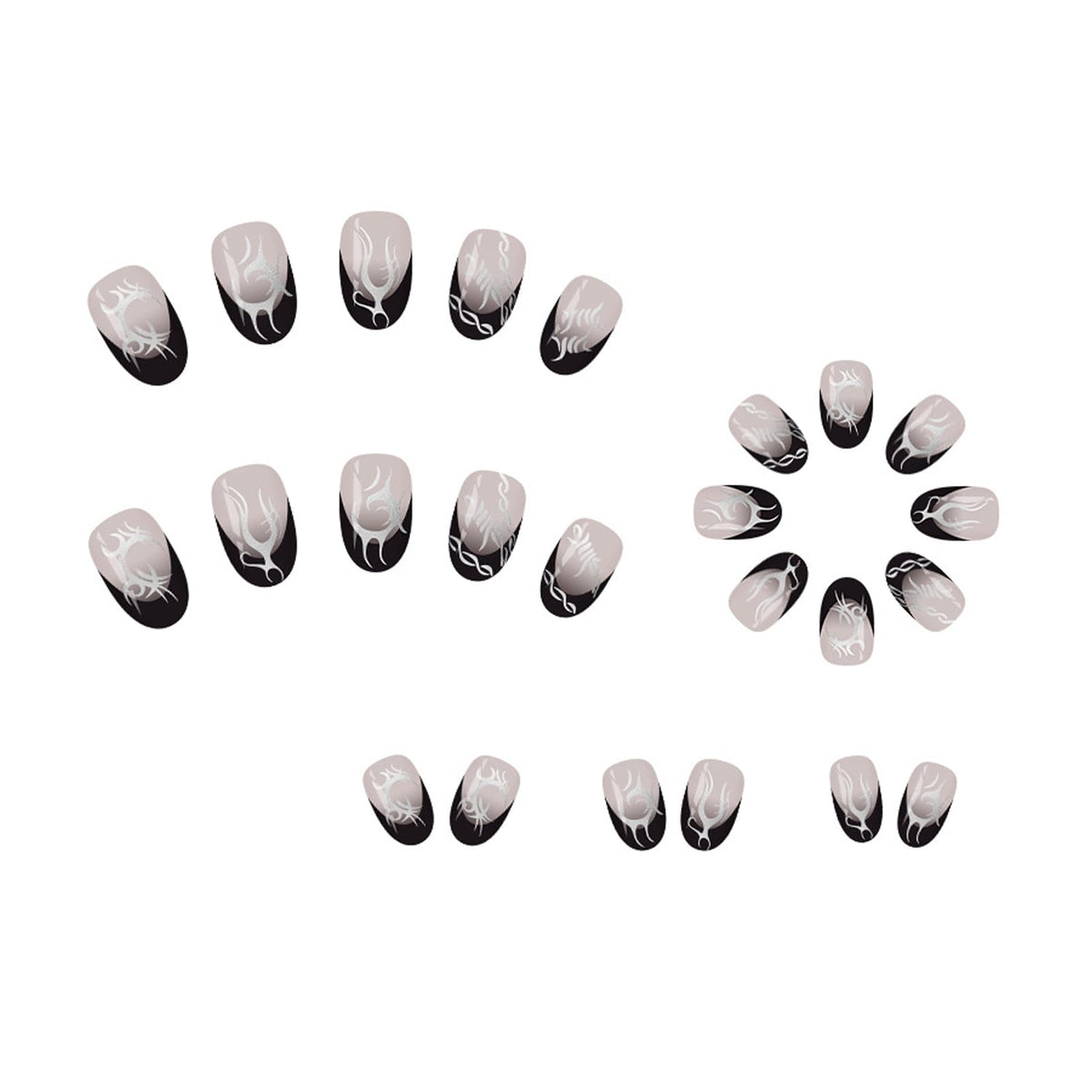 IMSOHOT Short Press on Nails Oval Black French Tips Fake Nails with Silver Totem Designs Round Full Cover Glossy Acrylic Gothic Glue on False Nails for Women 24Pcs