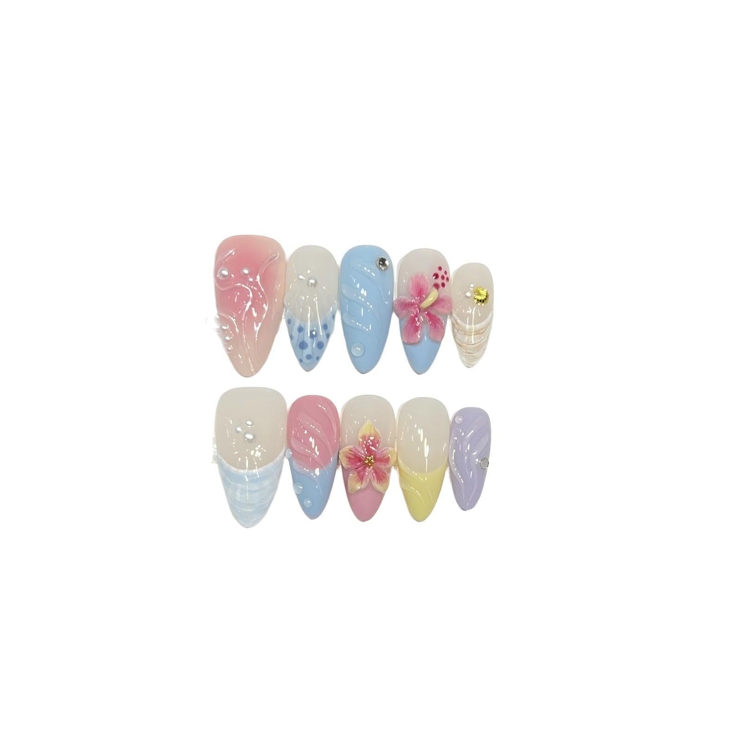Spring Garden Fake Nails | Sweet & Elegant Press on Nails with 3D Flowers, Pearls & Glitter | French Manicure in Pastel Colors for Women & Girls (M)