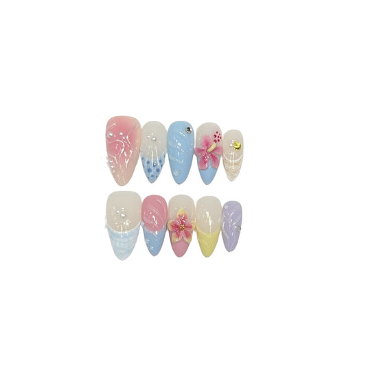 Spring Garden Fake Nails | Sweet & Elegant Press on Nails with 3D Flowers, Pearls & Glitter | French Manicure in Pastel Colors for Women & Girls (M)