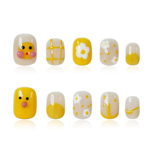 Tesytto Short Round Press on Nails, Kawaii Handmade Cute 3D Yellow Duck & Daisy Flower Cartoon Nails, Glossy False Nail Art for Women Girls (Little Yellow Duck,S)