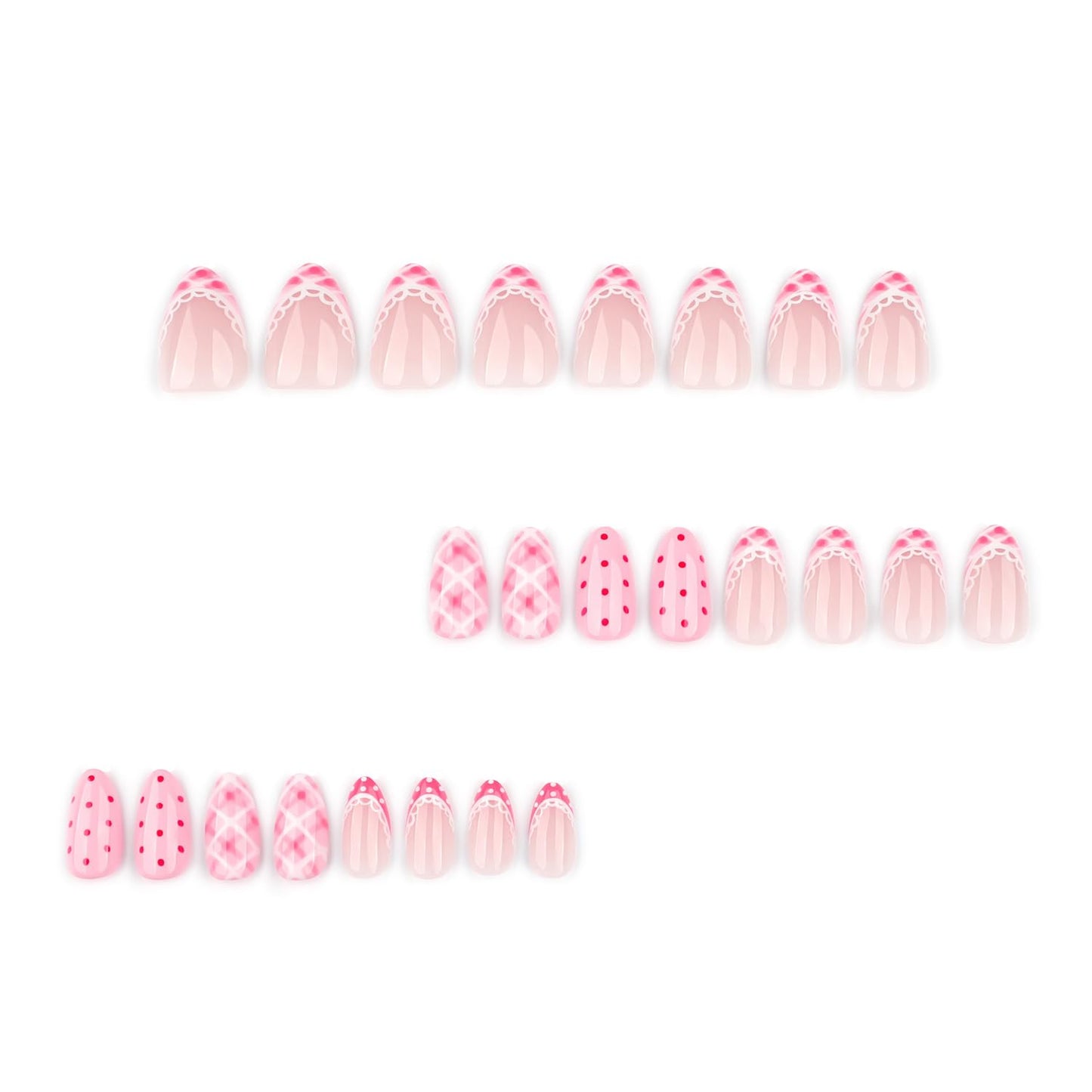 LWTZLW Cute Polka Dots Press on Nails French Tip Short Almond False Nails with Pink Grids Design Full Cover Glue on Nail Summer Reusable Acrylic Fake Nails Glossy Artificial Stick on Nail for Women