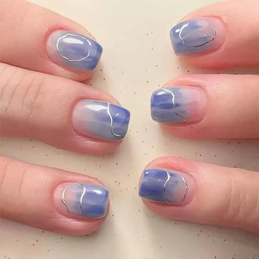 CTTHNBD Press on Nails Short - Square Fake Nails with Silver Irragular Design - Blue Ombre False Nails Press ons - for Women 24 Pcs