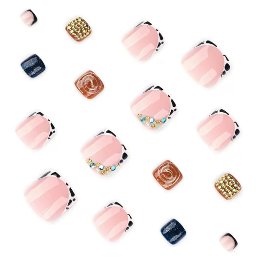 CTTHNBD Press on Toenails - French Tip Fake Toenails with 3D Gold Design - Shiny, Short Square Press on Toe Nails for Women 24 Pcs