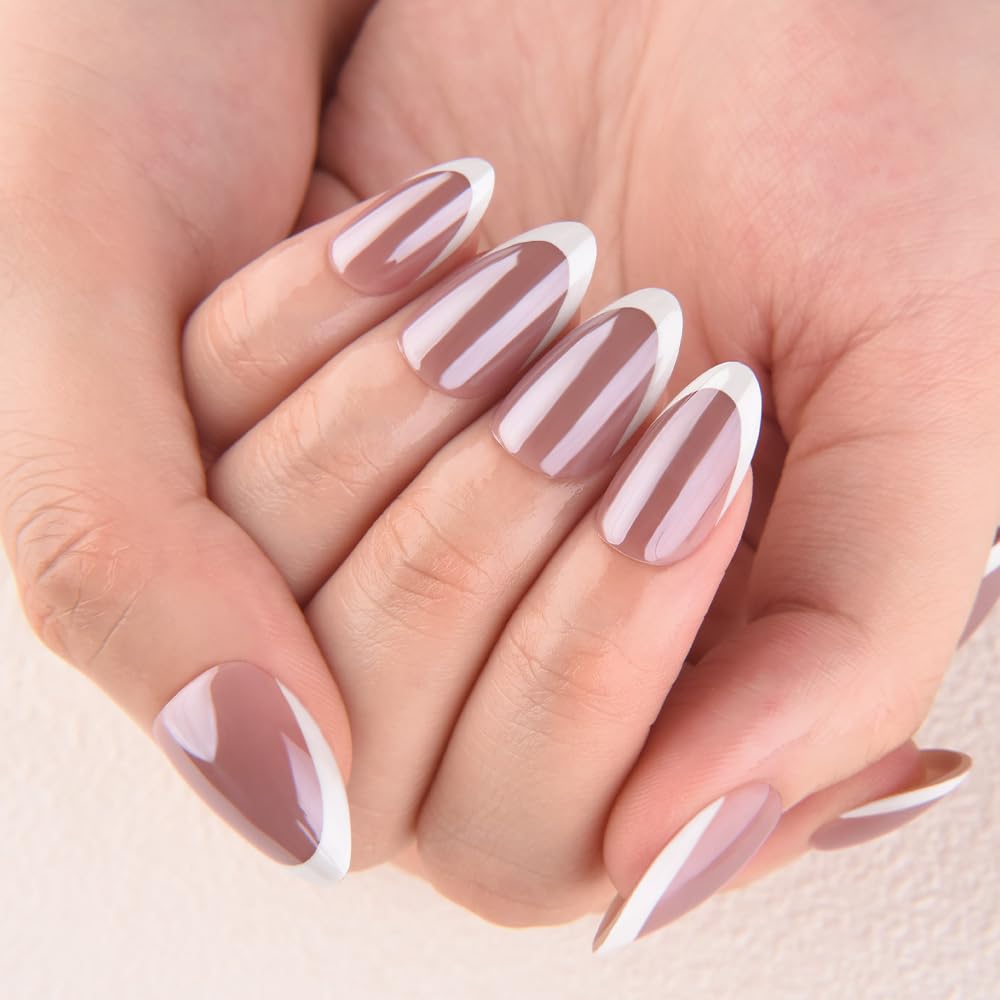 evpct French Tip Press On Nails Short Almond, Mauve Taupe + White Tips, Chrome Glazed Glossy Short Almond Fake False Press on Nails, Reusable Gel Stick on nail Press ons Nail Kits, Salon Quality