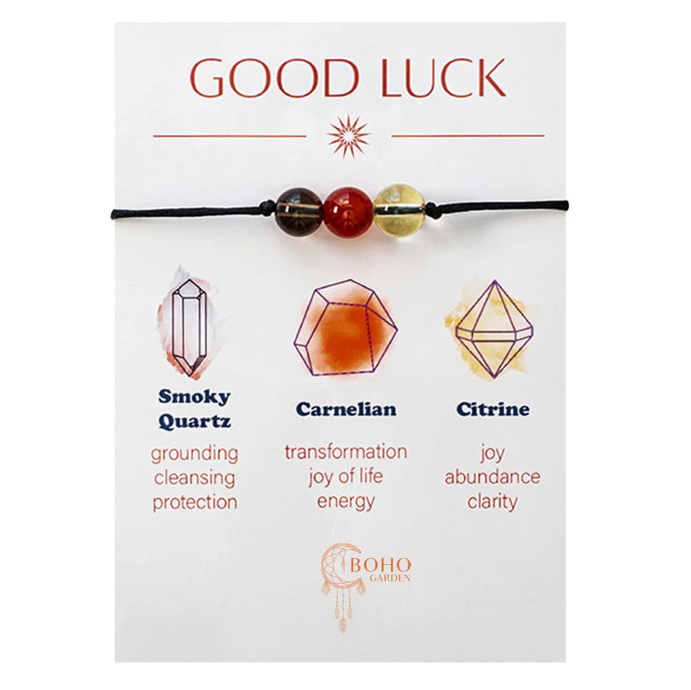 BOHO GARDEN Healing Crystal Bracelet for Good Luck - Spiritual Beaded Bracelet - 3 Real Natural Gem Stones, Adjustable 3-9.7” Rope - Gemstone Jewelry for Men, Women, Teens (13+) - 8mm Bead