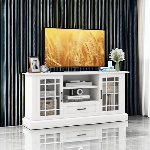 Tangkula Farmhouse TV Stand for TV up to 65 70 Inches, Tall Media Console Table with 2 Glass Storage Cabinets, 1 Drawer & 2 Open Shelves, Wooden Entertainment Center for Living Room (White)