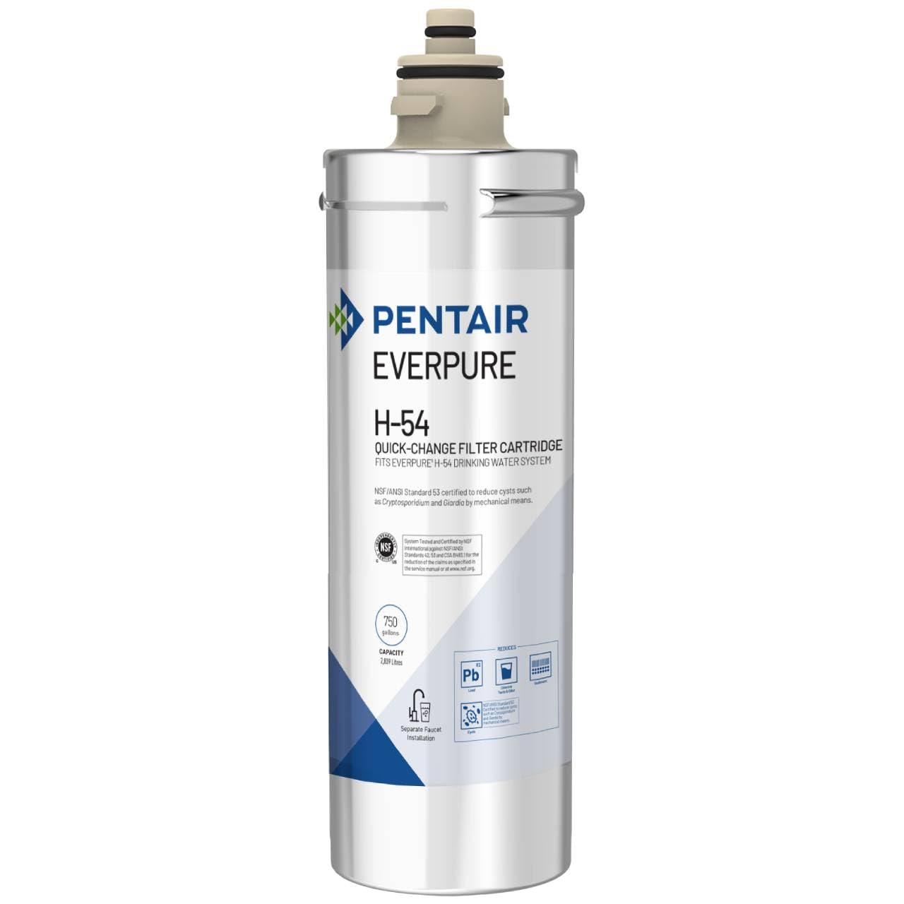 Pentair Everpure H-54 Quick-Change Replacement Cartridge, EV925268, NSF Certified to Reduce Lead, For Use in Everpure H-54 Drinking Water System, 750 Gallon Capacity, 0.5 Micron