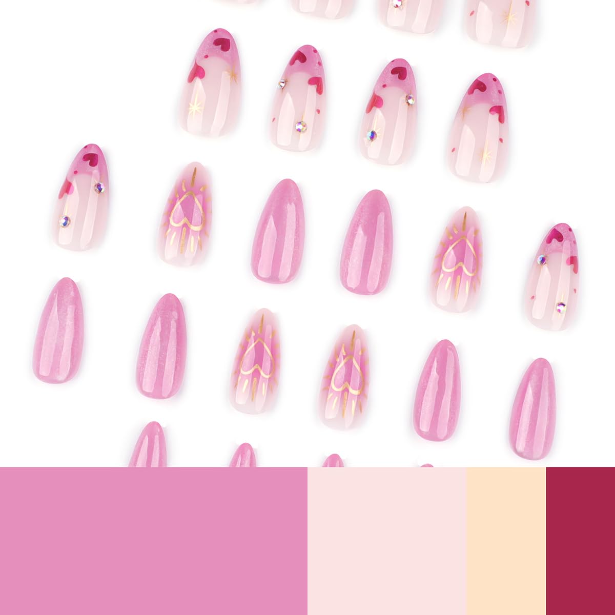 24Pcs French Press on Nails Almond Medium Length Fake Nails with Gold Heart Star Rhinestones Design Acrylic Glue on Nails Full Cover Stick on Nails Glitter Pink Artificial Nails for Women Nail Decor