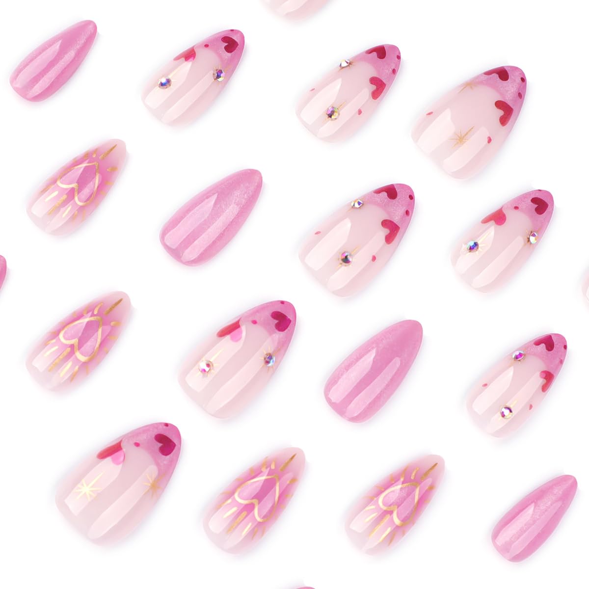 24Pcs French Press on Nails Almond Medium Length Fake Nails with Gold Heart Star Rhinestones Design Acrylic Glue on Nails Full Cover Stick on Nails Glitter Pink Artificial Nails for Women Nail Decor