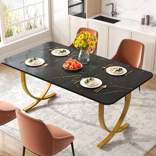 LITTLE TREE Dining Room Table, Kitchen Table with Faux Marble Table Top and Gold Metal Legs