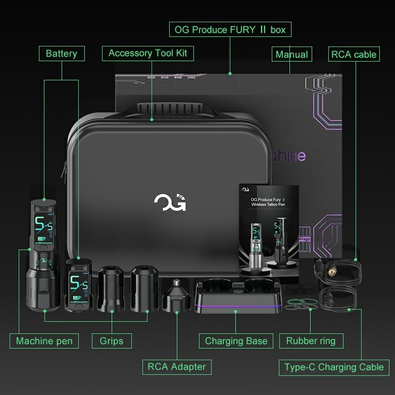 OG PRODUCE Fury II Wireless Tattoo Machine Pen,Tatto Gun Pen with Smart Screen Display,Tattoo Pen with 2300mAH Motor Power Reliable for All Kinds of Needles with 3 Grips