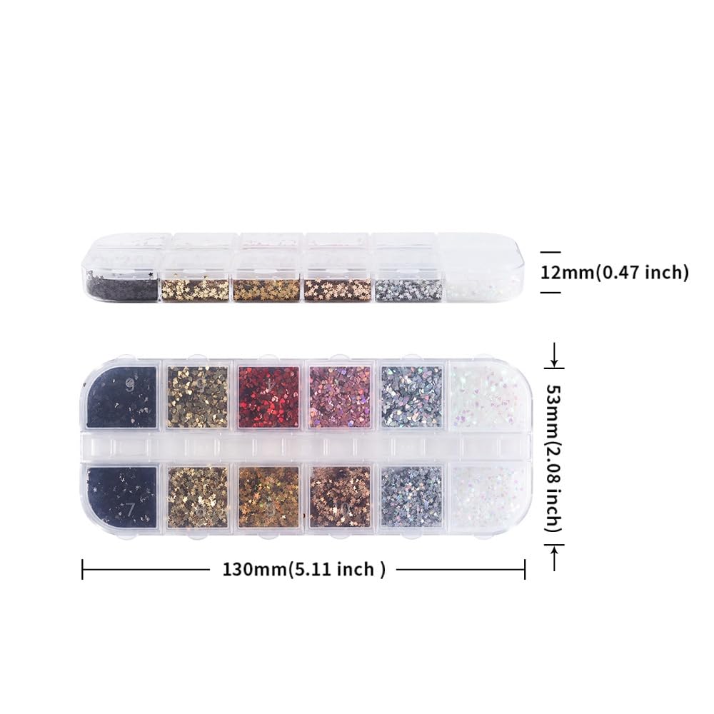 1 Box 12 Color Holographic Hearts Star Nail Glitter Tiny Heart Nail Sequins 3D Red Gold Nail Flakes Sparkly Powder Flakes Shiny Nail Glitter Valentine's Day Nail Sequins Glitter for Nails Art 12 Grids