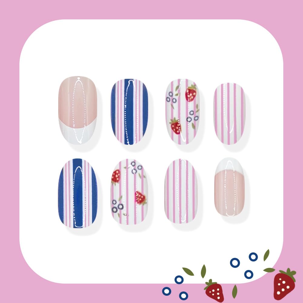 QUNQINLI White French Tip Press on Nails Short Oval Fake Nails Press ons Nail Tips Kit with Strawberry Pink Striped Design Summer False Nails Full Cover Nude Glossy Glue on Nails for Women 24 Pcs