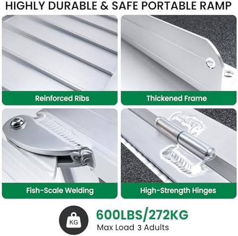4 Feet Portable Wheelchair Ramp, 600 LBS Capacity Folding Aluminum Threshold Ramp with Anti-Slip Surface, Mobility Access Handicap Ramp for Home Steps, Doorway, Stairs, Doorways, Scooter