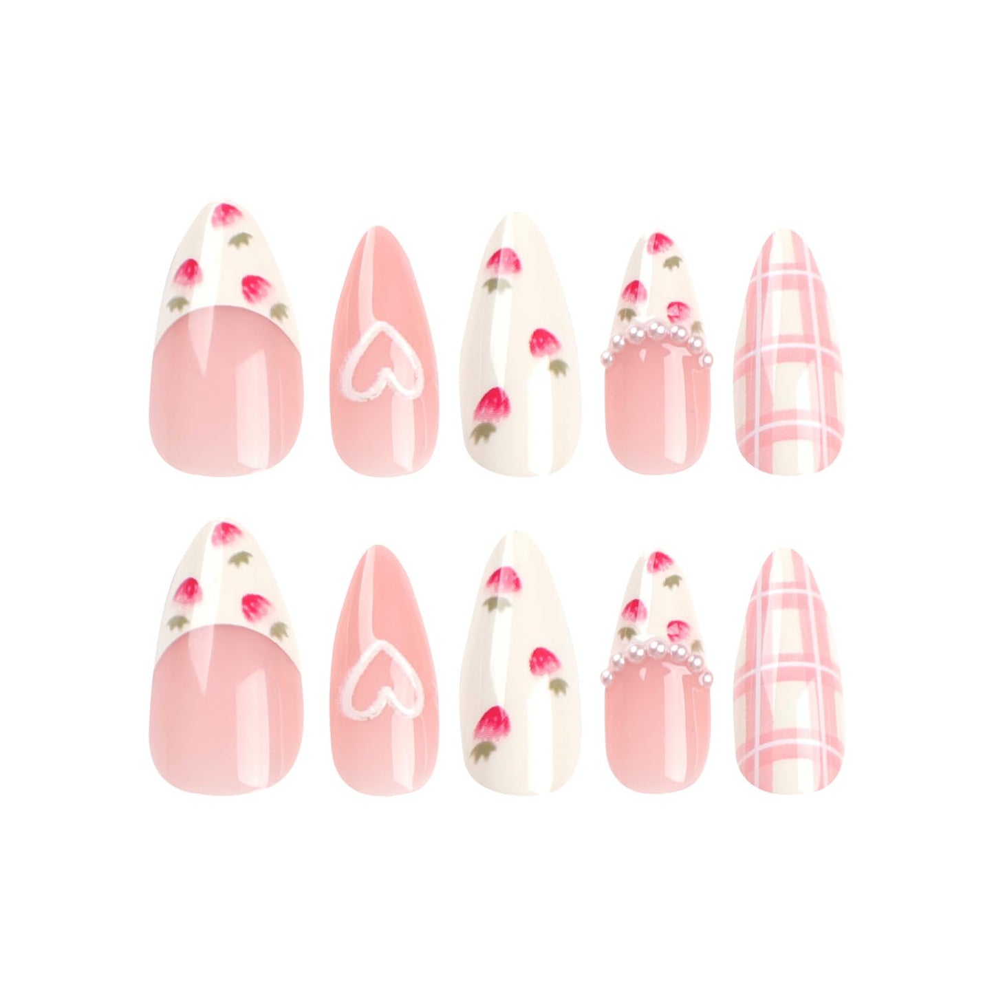 French Tip RIICFDD Almond Fake Nails Pearl Charm Designs Cute Strawberry Pattern False Nails Milky White Glossy Full Cover Stick on Nails for Women and Girls - 24 Pcs