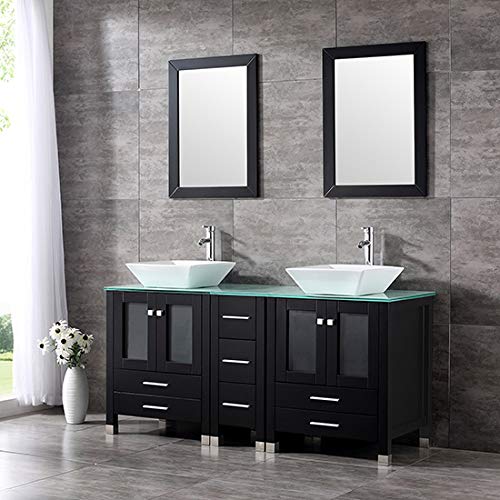 wonline 60" Black Double Wood Bathroom Vanity Cabinet and Square Ceramic Sink w/Mirror Combo Wash Basin with Faucet