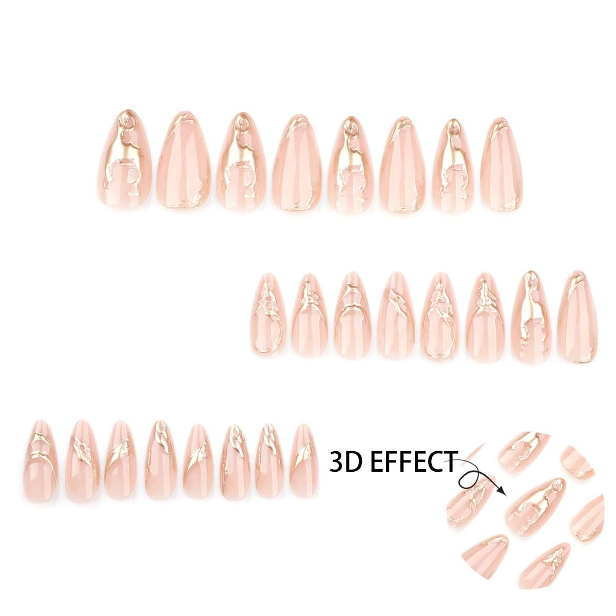 Gold Press on Nails Almond Fake Nails with Design Medium False Nails Press ons,Reusable Acrylic Nail Full Cover Glossy Glue on Nail Stick on Nails for Women Girls Manicure 24 Pcs