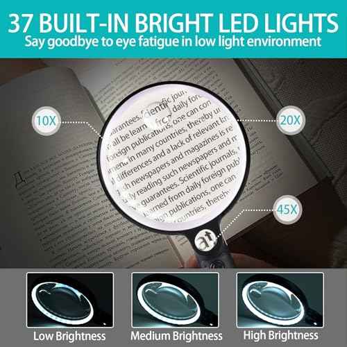 Large Magnifying Glass with 37 LED Light, 10X 20X 45X Handheld Illuminated Lighted Magnifier with 3 Light Modes Rechargeable Magnifying Glass for Seniors Reading, Inspection (White & Black)