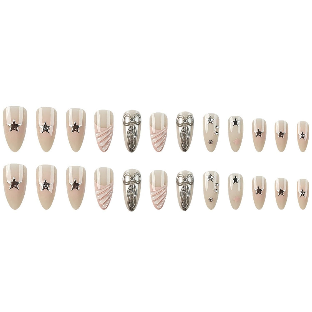 Almond Press On Nails Medium Fake Nails Bow With Star Rhinestone Design French Tip False Nails Full Cover Acrylic Nails Artificial Reusable Glue On Nail Stick On Nail For Women Manicure Art 24pcs