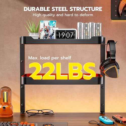 ARES WING 2-Tier Clamp On Desk Shelf, 16 inch Adjustable Above or Under Desk Storage Shelves Holds 44 lbs, Heavy Duty Desktop Organizer with Headphone Holder for Working and Gaming Accessories, Black