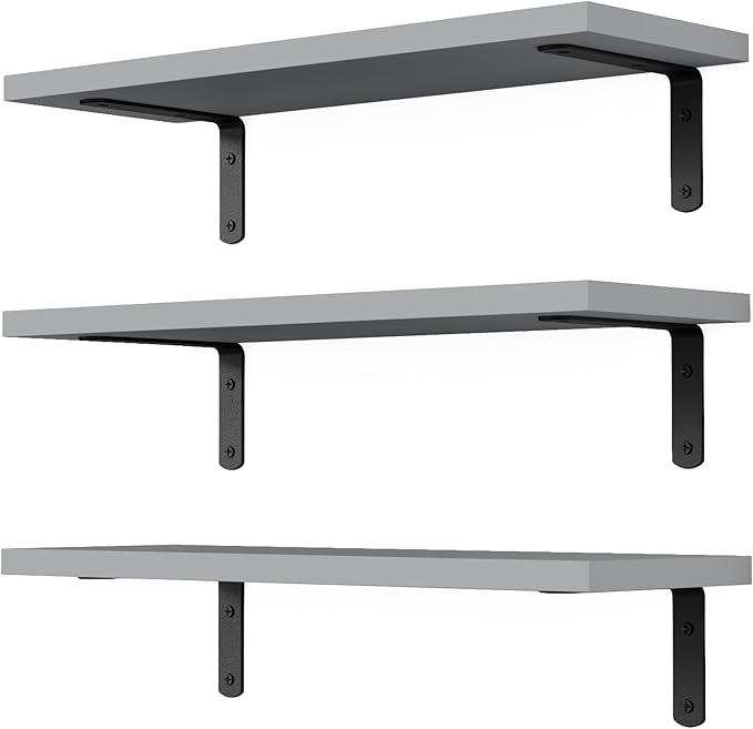 DOLLFIO Floating Shelves, 3 Sets Wall Wooden Shelves for DÃ©cor, Mounted Bathroom Shelf Storage, Book Wall, Bedroom, Living Room â Grey, HM02