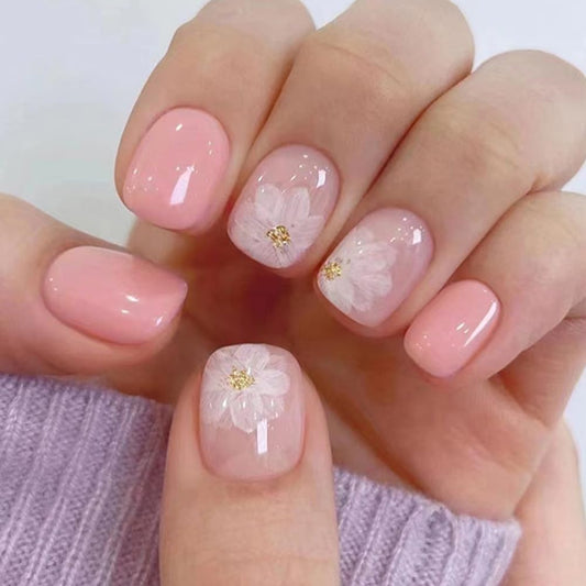 Whiosyrt Short Square Glossy Pink Acrylic Nails, 32pcs (12 Sizes) with Iced Camellia Design, ABS Material, Press On False Nails