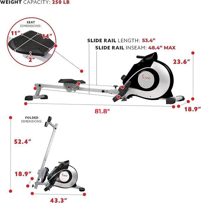 Sunny Health & Fitness Magnetic Rowing Machine Rower with 8-Level Resistance, 53.4" Extended Slide Rail & Digital LCD Display - SF-RW520084S