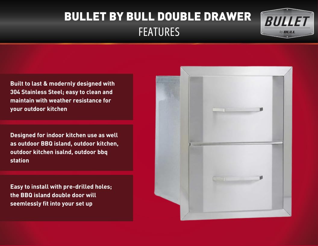 Bullet by Bull Stainless Steel Outdoor Kitchen Grill Set - Built-In Liquid Propane Grill -BBQ Kitchen Island Bundle - Includes 4 Burner Grill, Side Burner, Double Access Door & Double Storage Drawer