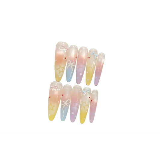 Dreamy Pastel Ombre Press On Nails, Star & Bow Embellished Extra Long Stiletto Fake Nails, Reusable Manicure Set (M)