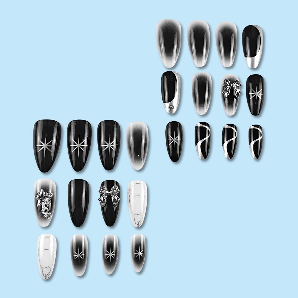 Press on Nails Medium Almond Black Ombre Fake Nails Stars Bow Charm False Nails with Designs Full Cover Dark Styles Acrylic Nails Glossy Glue on Nails Manicure Artificial Nails for Women Girls 24Pcs