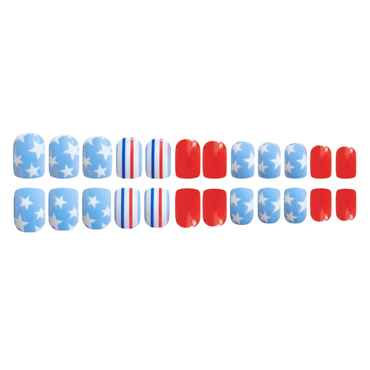 4th of July Press on Nails Square Short Fake Nails Star Nails Design Independence Day False Nails Blue Red Striped Patriotic Glue on Nails Glossy Acrylic Nails for Women Summer Holiday Manicure 24Pcs