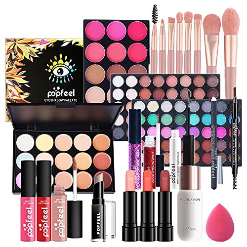 All-in-one Holiday Make up Gift Set | Makeup Kit for Women Full Kit Essential Starter Bundle Include Eyeshadow Palette Lipstick Blush Foundation Concealer Face Powder Mascara Lipgloss Brush
