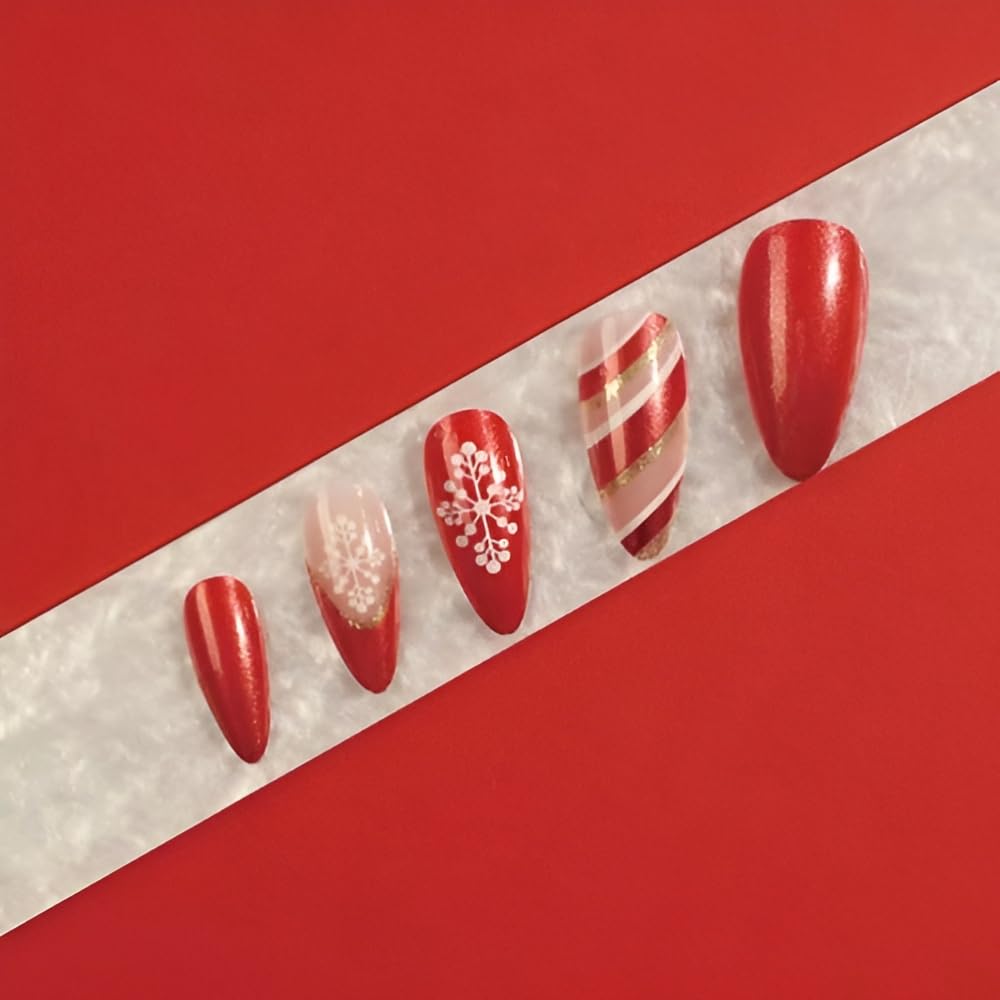 Red Christmas Press on Nails Medium French tips Fake Nails withGold Ribbon Pattern Design White Snowflake False Nails Acrylic Nails Red Full Cover Glue on Nail for Women and Girls