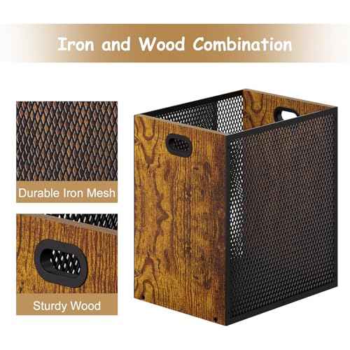 Retro Office Trash Can, Iron and Wood Combination Bedroom Garbage Can, Rectangular Design Wastebasket with Handle, Industrial Style Trash Can for Home Office, 11.02" X 7.87" X 11.81" 4.5 Gallon (2)