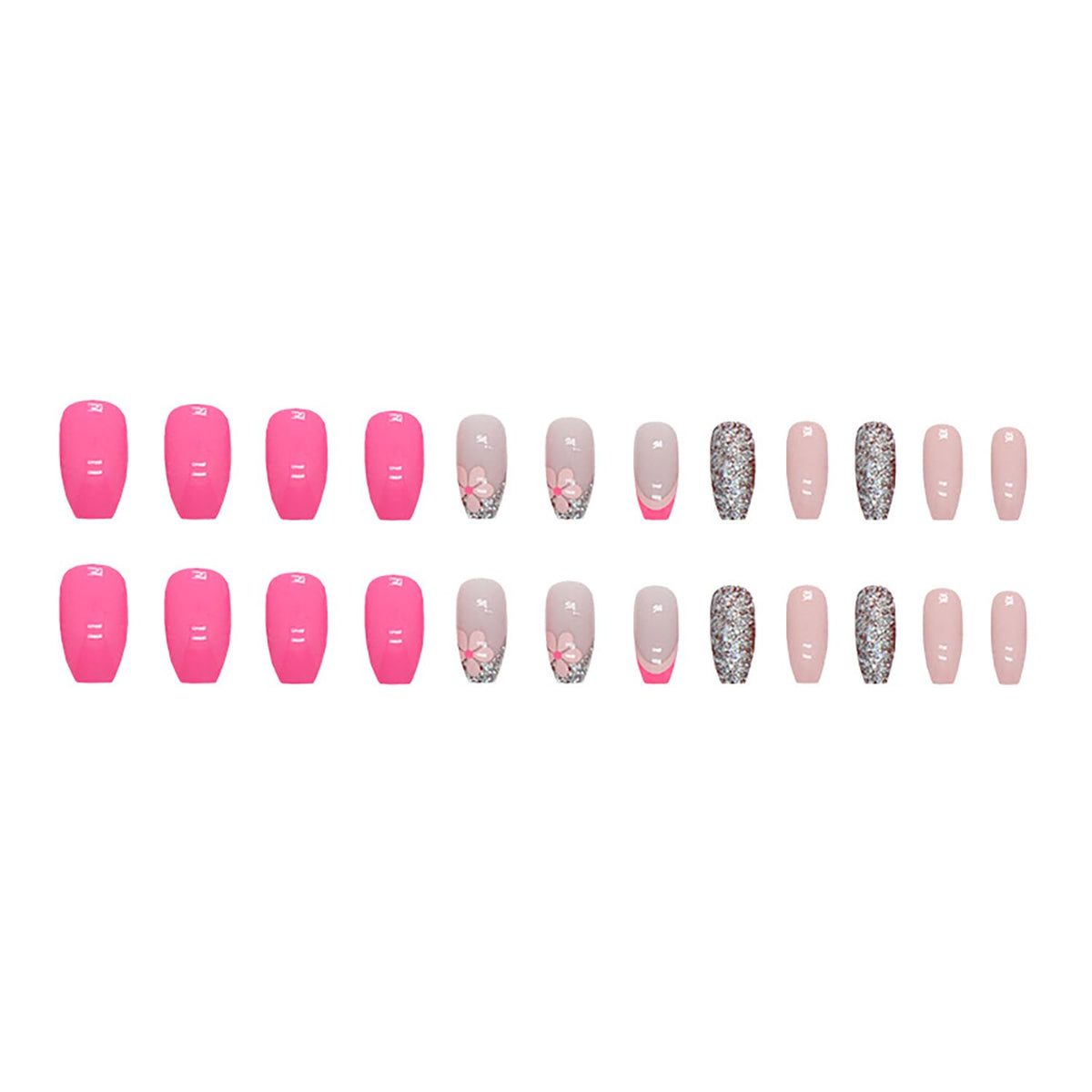 Pink Press on Nails Medium Coffin SWEKKE French Tip Fake Nails Full Cover Flower False Nails with Designs Sliver Glitter Glossy Glue on Nails Manicure Artificial Acrylic Nails for Women Girls 24Pcs