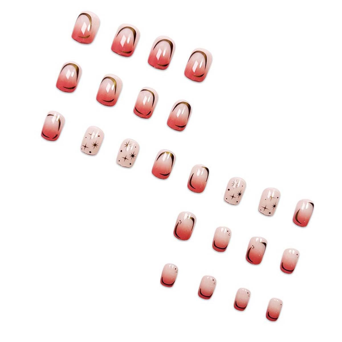 24pcs Gold Star Press On Nails Square Fake Nails Moon With Gradient Design Full Cover Acrylic Glue On Nails Short Stick On Nails For Women Reusable Nail Art Supplies