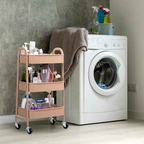 AGTEK Makeup Cart, Movable Rolling Organizer Cart, 3 Tier Metal Utility Cart with Lockable Wheels for Home & Office, Milk Tea