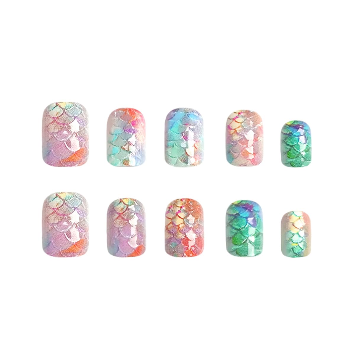 24Pcs Summer Press on Nails Short Square Fake Nails Glitter Mermaid Full Cover False Nails 3D Fish Scale Iridescence Design Beach Glue on Nails Cute Acrylic Nails Glossy Ocean Stick on Nails for Women