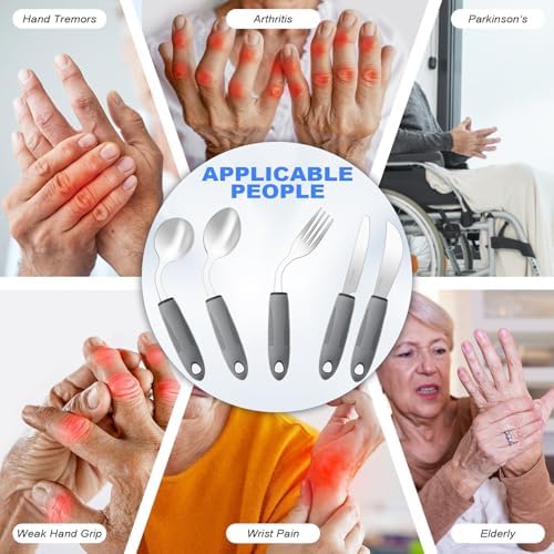Adaptive Utensils,Weighted Utensils for Hand Tremors,Utensils for Parkinsons Patients,Elderly,Arthritis,Weak Hand Grip,Tremors&Handicapped.Stainless Steel Knife,Fork and Spoons Set (5pcs Right-Handed)