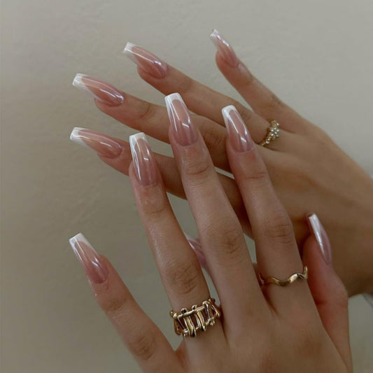 White French Tip Press On Nails Long Square - KQueenest Chrome Press On Nails Coffin, Glazed Gel Fake Nails Press on, Mirror Shine Natural French Glue on Nails Ballerina Stick On Nails for Wedding
