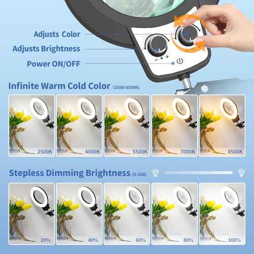 10X Magnifying Glass with Light, 2024 New Upgrade Infinite Color and Brightness Magnifying Desk Large Lamp & Clamp, 2-in-1 LED Hands Free Lighted Magnifier Stand for Craft Hobby Close Work Soldering
