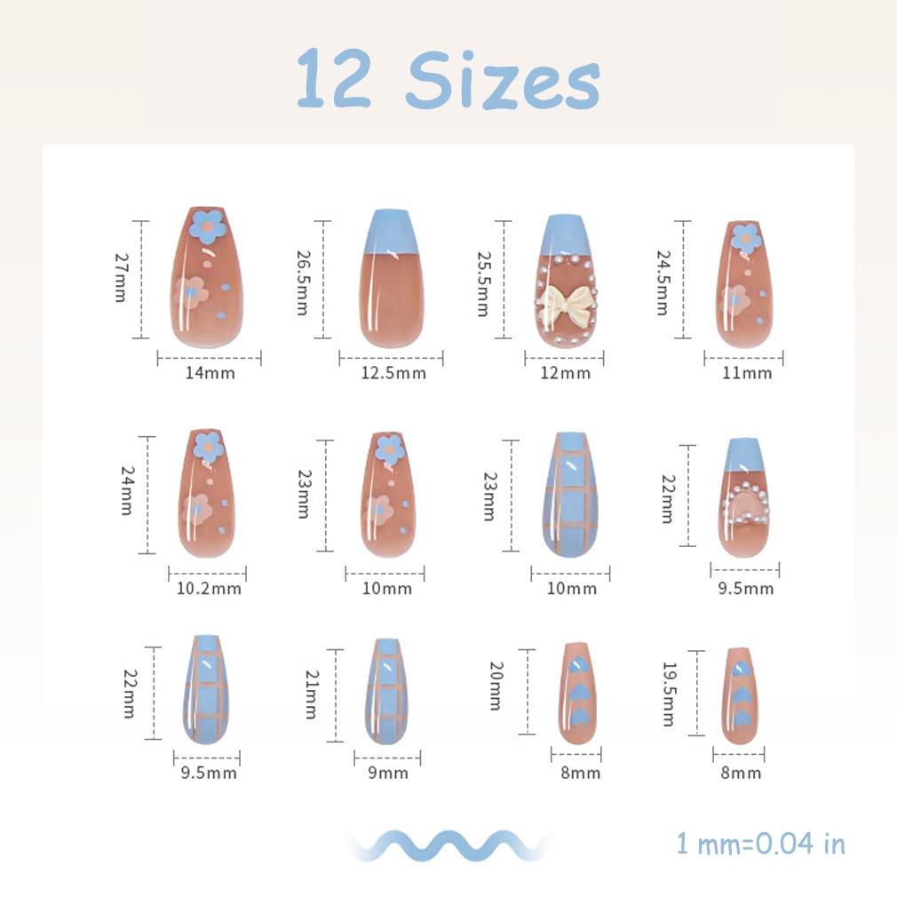 BABALAL Coffin Press on Nails Long Acrylic Nails Blue Pink Fake Nails Glossy Glue on 3D Heart Charm Cute Design for Women and Girls