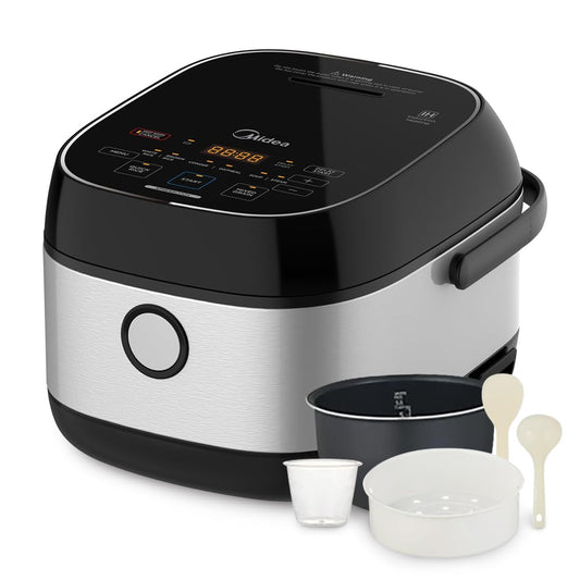 Midea 3L Rice Cooker with Steamer Basket, 6-Cup Uncooked Capacity, Induction Heating & Fuzzy Logic Technology, 24h Delay Start & Keep Warm, Non-Stick Inner Pot