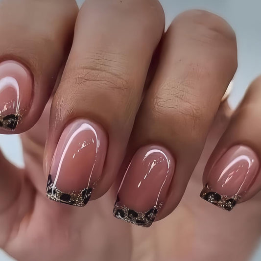 French Tip Press on Nails Short Square Fake Nails with Leopard Print Designs Glossy Glue on Acrylic Nails Nude Pink False Nail Press ons for Women 24Pcs