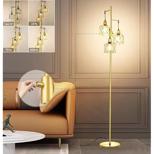FAITHSAIL Industrial Tree Floor Lamp with Metal Cage Shade, 3-Light Farmhouse Rustic Tall Standing Lamp, Vintage Gold Pole Light for Living Room Bedroom Office Hotel