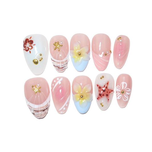 10 Pcs Short Almond Handmade Press On Nails | French Tip with Silver Starburst & Rhinestone Accents | Reusable, Easy to Apply & Remove, Salon-Quality Manicure (RR08, XS)