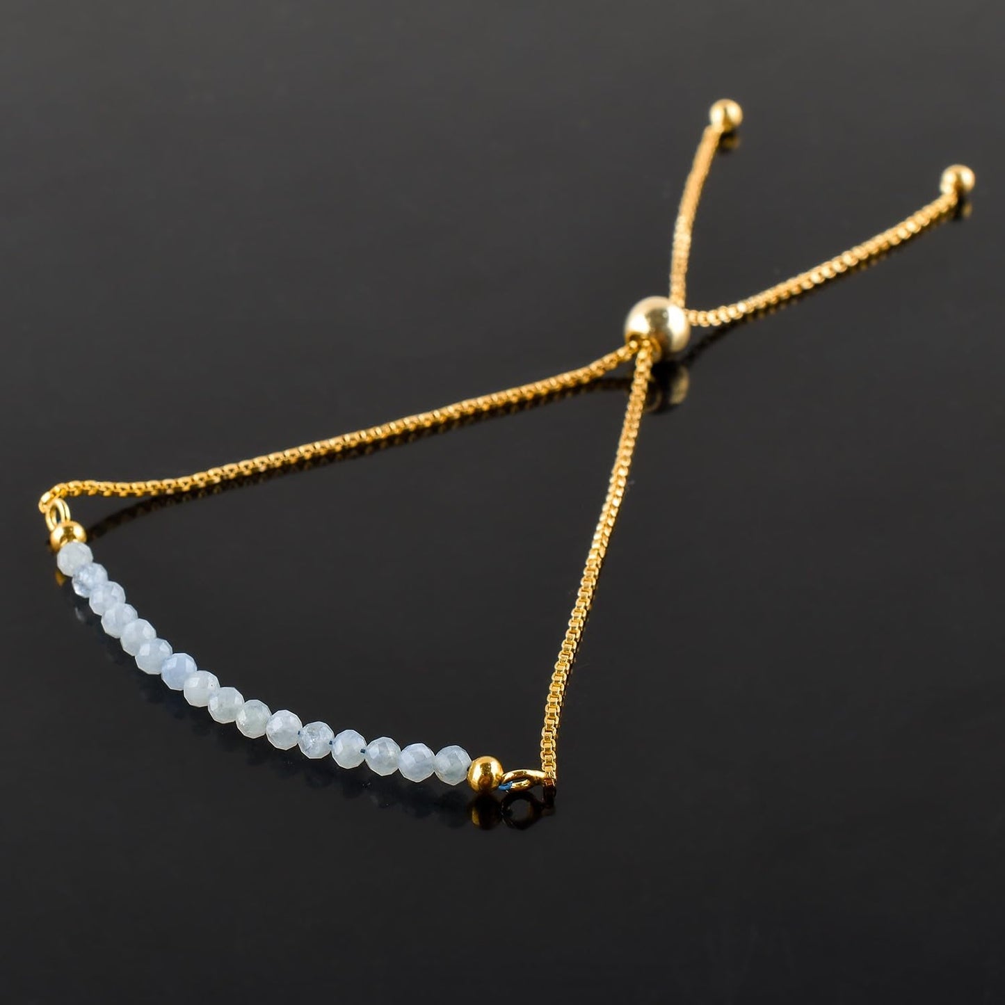 QNAVIC Natural Blue Aquamarine Gemstone Micro Beaded Dainty Slider Bolo Bracelet, Handmade Jewelry for women, Healing Chakra Crystals Birthstone Gift for Her, 14K Gold Plated Chain 6-9 inch