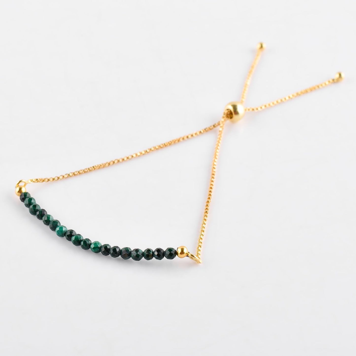 QNAVIC Natural Green Malachite Gemstone Micro Beaded Dainty Slider Bolo Bracelet, Handmade Jewelry for women, Healing Chakra Crystals Birthstone Gift for Her, 14K Gold Plated Chain 6-9 inch